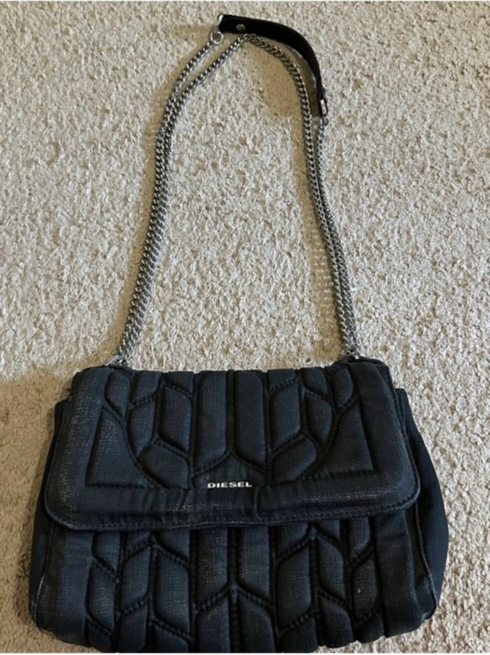 Diesel Black Quilted Crossbody with Silver Chain